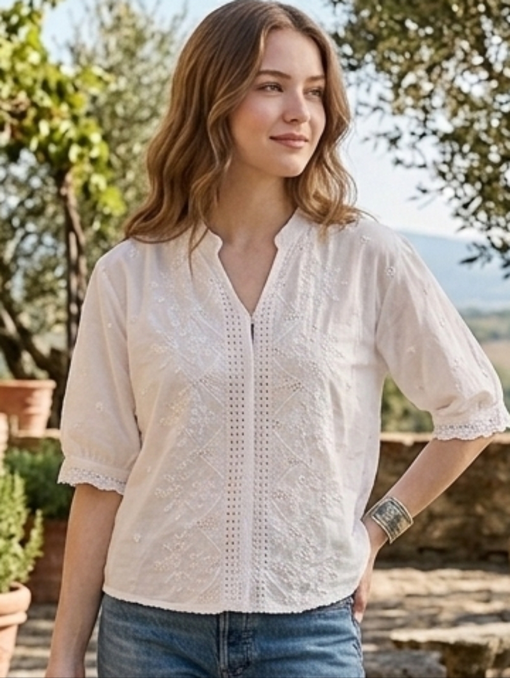 White Embroidered V-Neck Peasant Blouse